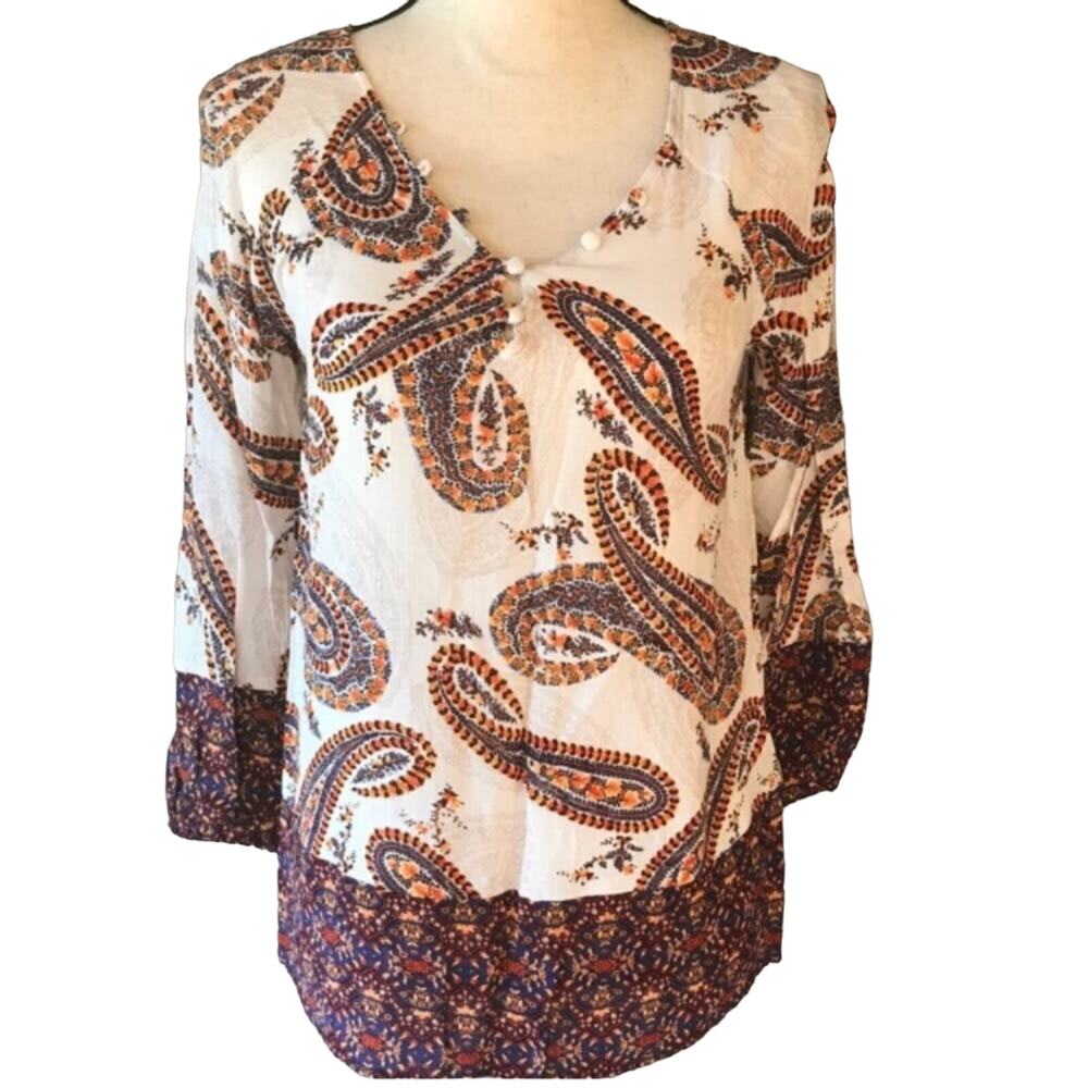 Lucky Brand Paisley Blouse Print Long Sleeve Boho Natural Multi Womens SZ Small
